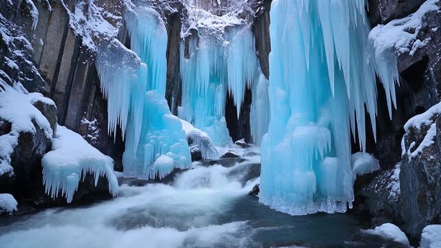 厳冬の雪山渓谷で激しく流れる清流と岩肌を覆う巨大で青く透き通った氷柱