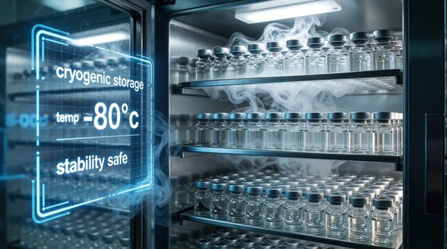 Cryogenic storage freezer contains glass vaccine vials inside medical lab. Digital HUD interface shows minus 80 degrees Celsius temperature, stability status. Cold nitrogen vapor flows between
