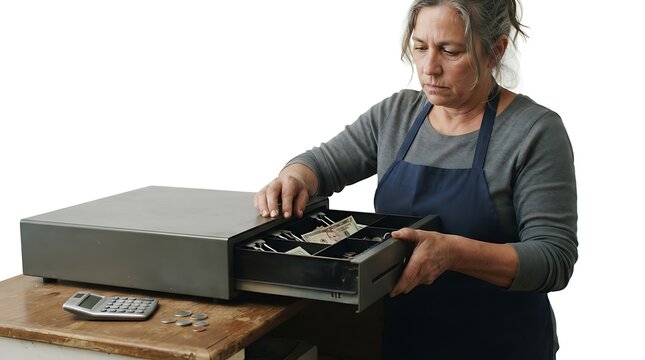 Small business owner closing a cash register drawer after a long day of retail transactions