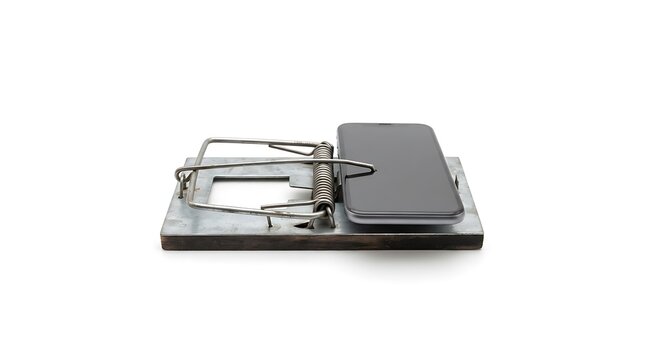 A modern smartphone caught in a metal mousetrap representing digital addiction and technology trap