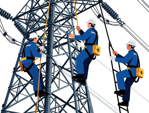 Electrical workers repair high voltage transmission tower using safety gear. Linemen climb metal structure with ropes, ladders to fix power lines. Industrial energy team performs maintenance on