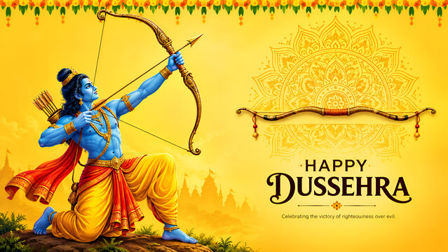 Dussehra festival  banner or poster design Lord Rama killing Ravan in Navratri festival