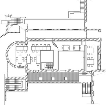 Technical line art vector illustration of a commercial building architectural floor plan layout, featuring dining seating zones, dining tables and chairs, semi-circular rounded apse wall feature