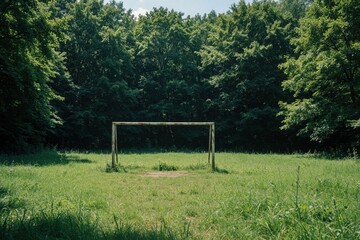 Obraz premium Empty soccer goal stands on green grass field in middle of forest. Old football net frame sits in sunny clearing surrounded by dense trees, summer woods. Quiet outdoor sport pitch in nature during