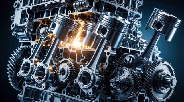 Detailed cross section of internal combustion engine. Metal pistons move inside cylinders with glowing fire sparks. Mechanical gears, crankshaft, rods work in complex assembly. Industrial engineering