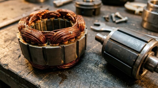 Disassembled electric motor rotor and stator with copper windings and magnets laid on an industrial workbench for repair