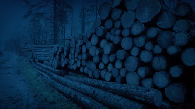 Big Log Piles In The Woods Late In The Day