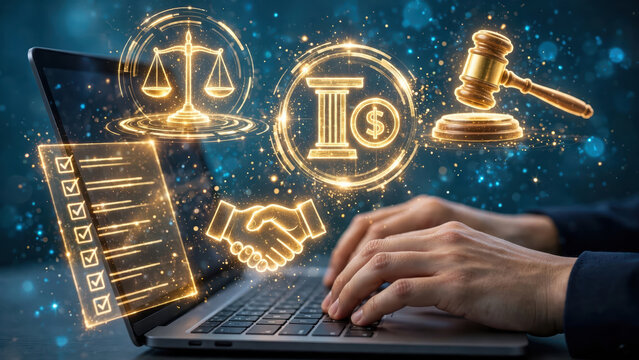 Legal technology online contract compliance checklist justice scale financial law gavel laptop handshake digital document regulatory guidance