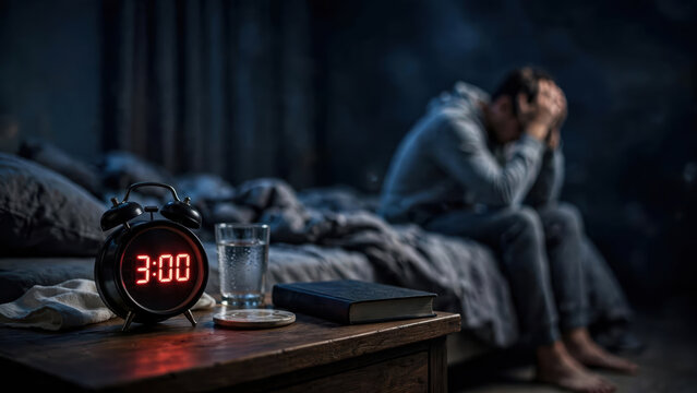 Alarm clock insomnia anxiety bedroom man night stress depression fatigue mental health sleepless adult sitting on bed head in hand near water glass and book