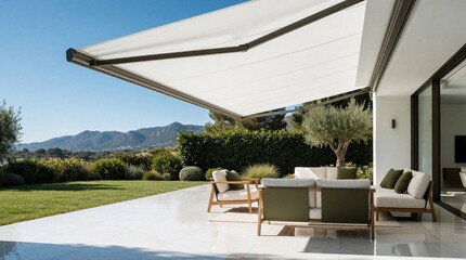 Fototapeta premium Modern retractable awning covers luxury patio with stylish outdoor furniture. Minimalist terrace features comfortable seating near green garden. Large white sunshade provides shade on sunny day with