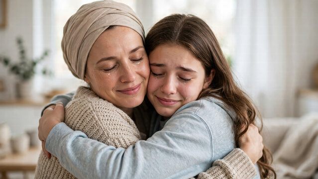 Mother daughter hug headscarf home family share tender emotional moment, eyes closed in close embrace, conveying comfort, support, love, and care indoors