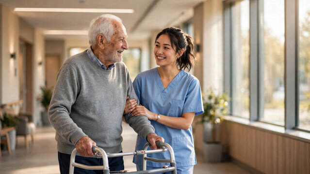 Senior man caregiver walker hospital support rehabilitation receives compassionate mobility assistance from female healthcare worker in bright medical corridor