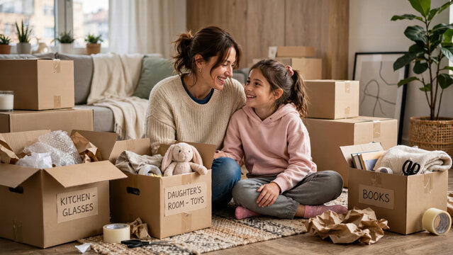 Mother daughter packing cardboard box home relocation, sharing happy moment amid labeled belongings, toy, book, blanket, and wrapping paper in cozy living room