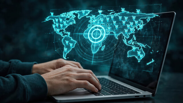 World map laptop cybersecurity digital network global data protection technology hand glowing interface secure communication and online privacy support secure global connection concept