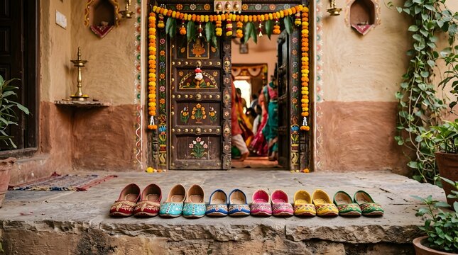 Colorful traditional shoes arranged neatly on stone floor outside ornate wooden door decorated with flower garlands during festive celebration