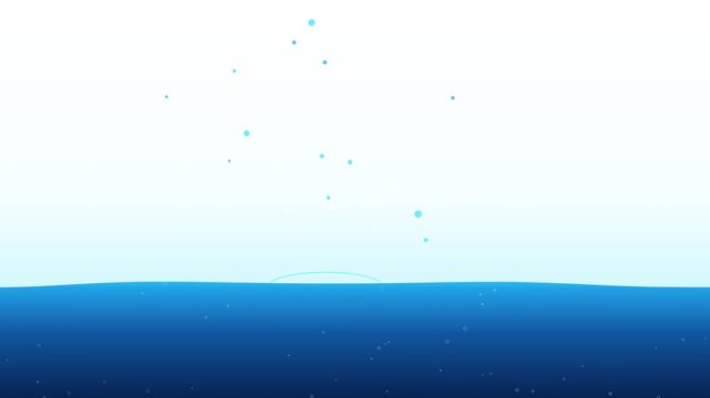 Abstract water splashes appearing on blue sea surface against bright white background in minimal flat 2d motion graphics style.