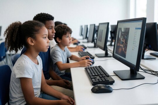 Diverse children sit in computer science classroom. African girl, young boys use desktop PCs for learning gaming. Students focus on monitors in modern school lab. Group of kids study digital tech in
