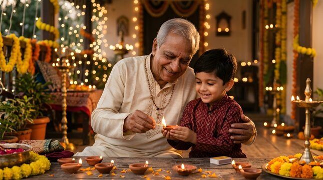 Elderly man and young boy lighting traditional clay oil lamps at home