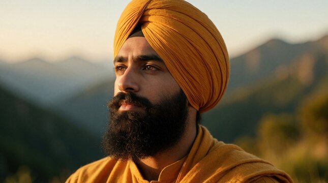 Young Sikh man with thick black beard wears yellow turban, traditional clothing. Thoughtful male looks away in mountain landscape during golden hour. Pensive person finds peace, spirituality in