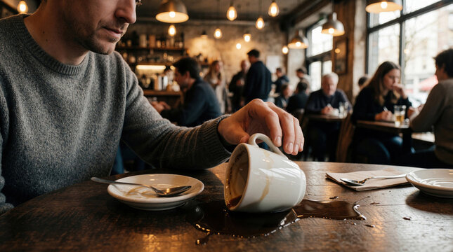Clumsy man spills hot coffee on wooden cafe table. Adult male reacts with pain, discomfort after accident with white ceramic mug. Spilled liquid creates mess on table in busy indoor eatery near