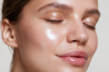 Obraz premium Dewy radiant skin close up glossy cheek and eyelid on young woman with smooth complexion and natural makeup conveying healthy glow and serenity