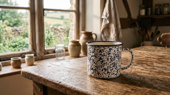Vintage enamel metal mug with blue speckles on a weathered wooden table, warm morning light and rustic textures create an authentic nostalgic countryside kitchen scene.
