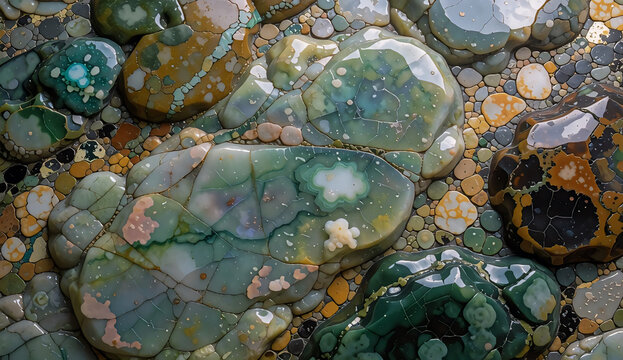 Polished multi tone green mineral stones abstract mosaic backdrop