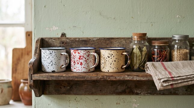 Three vintage enamel mugs in black, red and cream arranged on a retro wooden kitchen rack with antique jars, faded walls and authentic household textures.