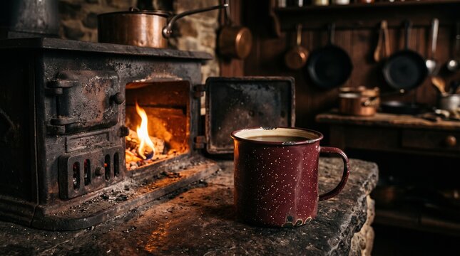 Vintage burgundy enamel mug beside an old cast iron stove, illuminated by warm firelight with worn surfaces, soot details and a nostalgic mid-century kitchen mood.