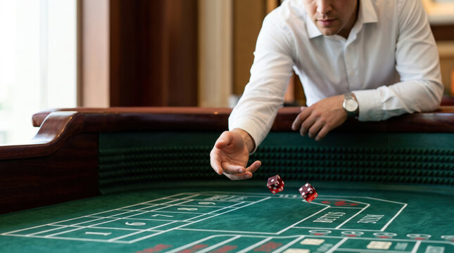 Man throwing dice on a green felt craps table. Casino gambling action shot with blurred background