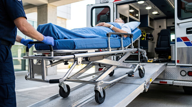 Paramedics loading a patient on a stretcher into an ambulance. Emergency medical services team in action