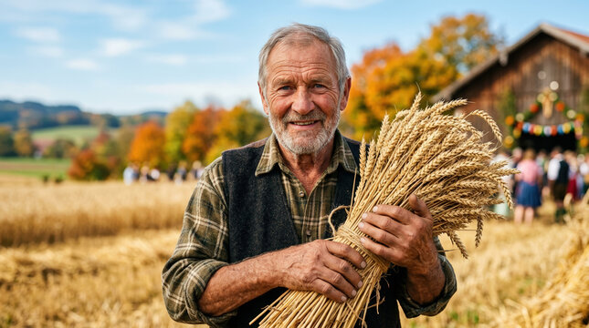 Senior farmer holding a bundle of wheat in a field. Harvest festival concept in a rural setting