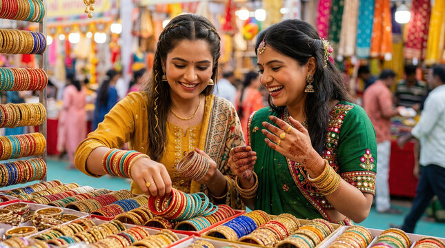 Two women shopping for colorful bangles at an Indian festival market. Traditional celebration