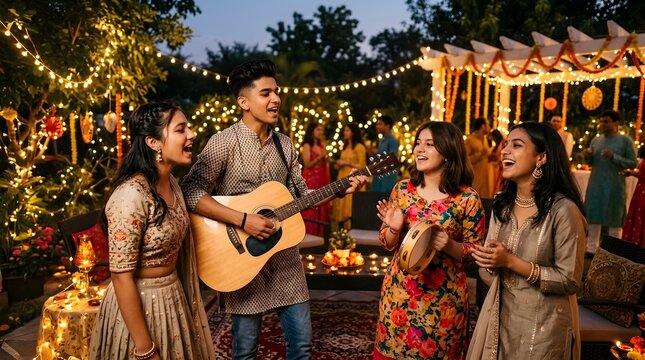 Friends singing and playing guitar during festive evening outdoor celebration