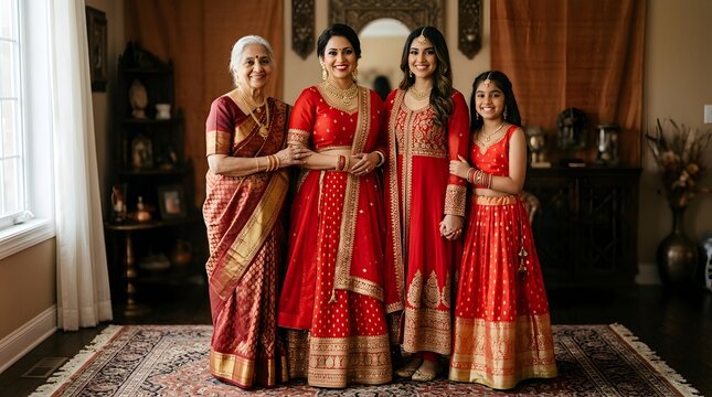 Four generations of South Asian women in traditional red festive attire
