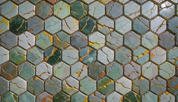Intricate multi tone green jade hex tile layout with orange cracks