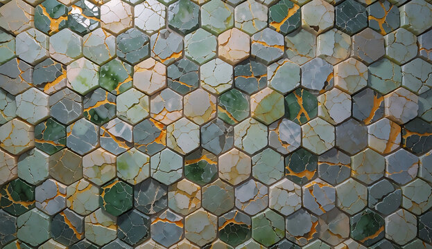 3D geometric wallpaper of extruded green onyx hexagon blocks