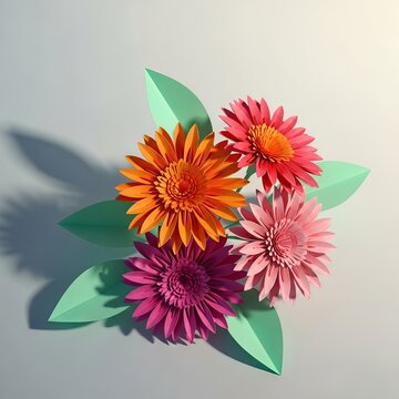 Intricate paper craft showcase of bright origami gerbera daisies in bold orange and pink hues, accented by crisp mint green paper leaves, floral, texture, modern