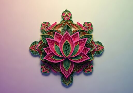 Intricate paper quilling display featuring lotus flowers and sacred geometry patterns in vibrant pink, elegant gold, and jade green tones, sculptural, balance, flowers