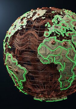 Intricate puzzle globe made of recycled tech components featuring copper wire oceans and beige circuit boards with glowing green neon lines, recycled, data, recycling