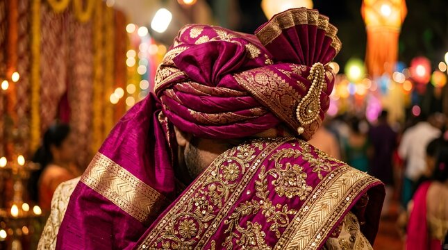 Groom wearing traditional magenta turban and gold embroidered attire