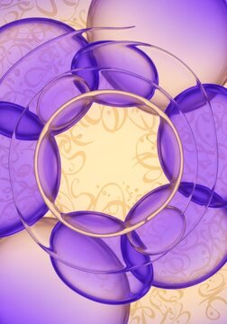 Layered abstract design featuring overlapping translucent fluid cells in ultraviolet and pale gold gradients with faint calligraphic patterns, biology, laboratory, markings