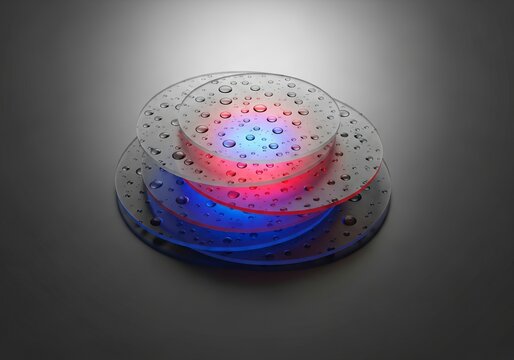 Layered frosted glass circles overlap vibrant red and blue glowing cores with hyper-realistic liquid droplets on a clean gray canvas, glass, geometry, liquid