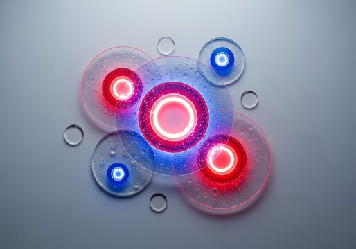 Layered frosted glass circles overlap vibrant red and blue glowing cores with hyper-realistic liquid droplets on a clean gray canvas, transparent, visual, futuristic