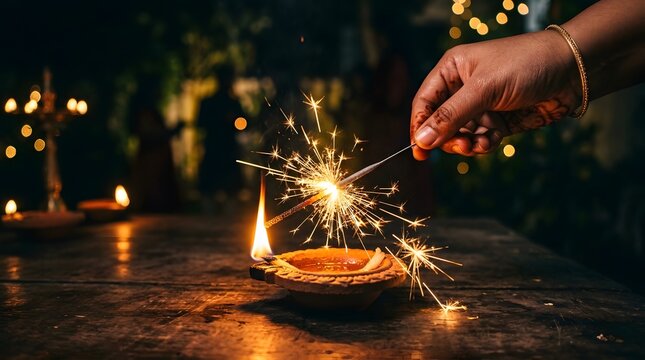 Hand holding a lit sparkler over a glowing clay oil lamp at night