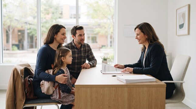 Parents and young daughter attending a school meeting with a professional administrator
