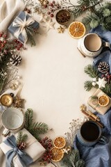 Fototapeta premium Cozy Christmas frame with coffee, gifts, pine, dried oranges