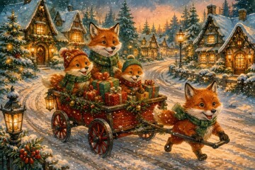 Fototapeta premium Whimsical fox family delivers Christmas gifts through snowy village