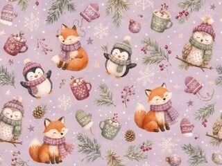 Fototapeta premium Whimsical woodland animals winter holiday seamless pattern