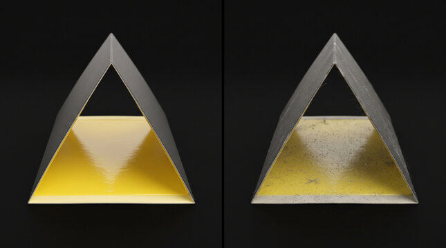 A comparison of a clean adhesive pest trap and a used trap filled with debris with Two triangular sticky traps side side showing clean surface versus one covered dust particles